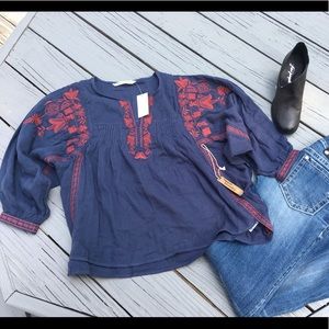 Hippie Laundry top embroidery boho pin tucked M cottage core peasant blue women